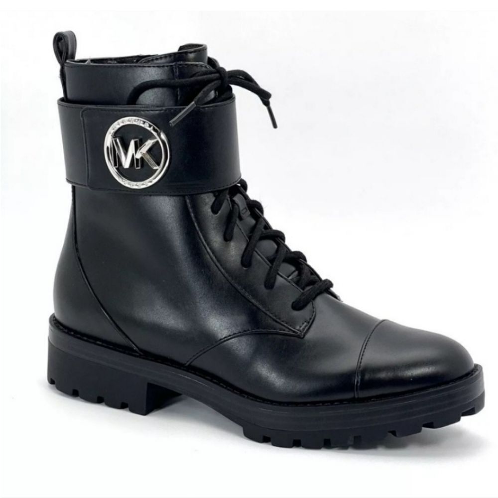 New Michael Kors Tatum leather black lace combat boots silver hardware 9.5
